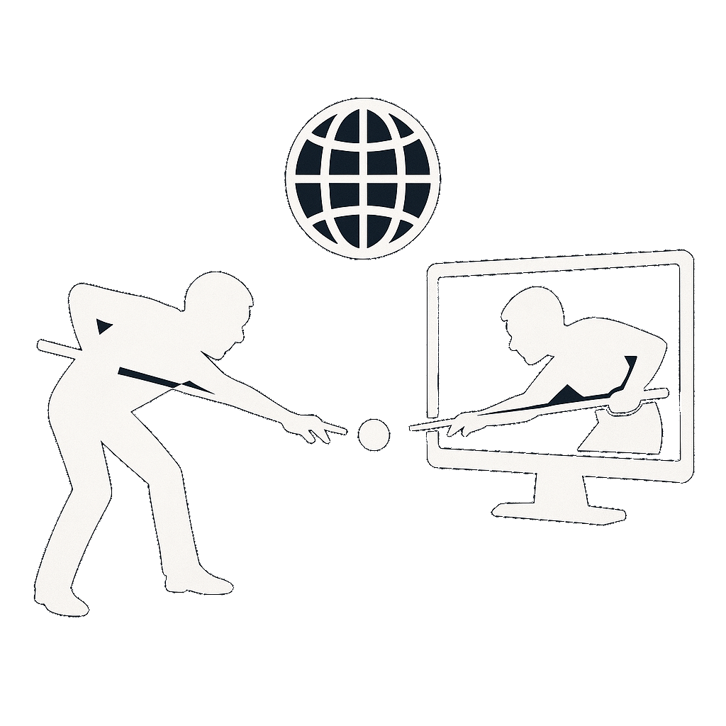 Two players competing in remote billiards matches from different locations around the globe